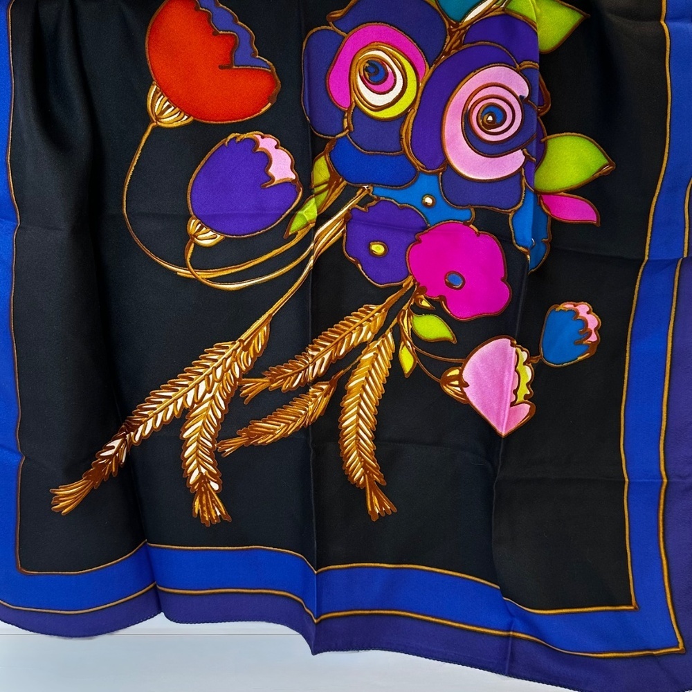 Vintage Mod Floral Square Scarf Psychedelic Flowers Blue Border Retro - Picture 5 of 6